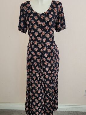 Vintage Infatuation Floral Cottagecore Maxi Dress Navy Blue
